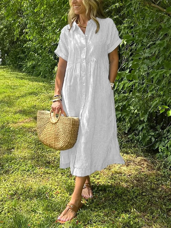 Vestido longo feminino maxi com botões frontais e mangas curtas