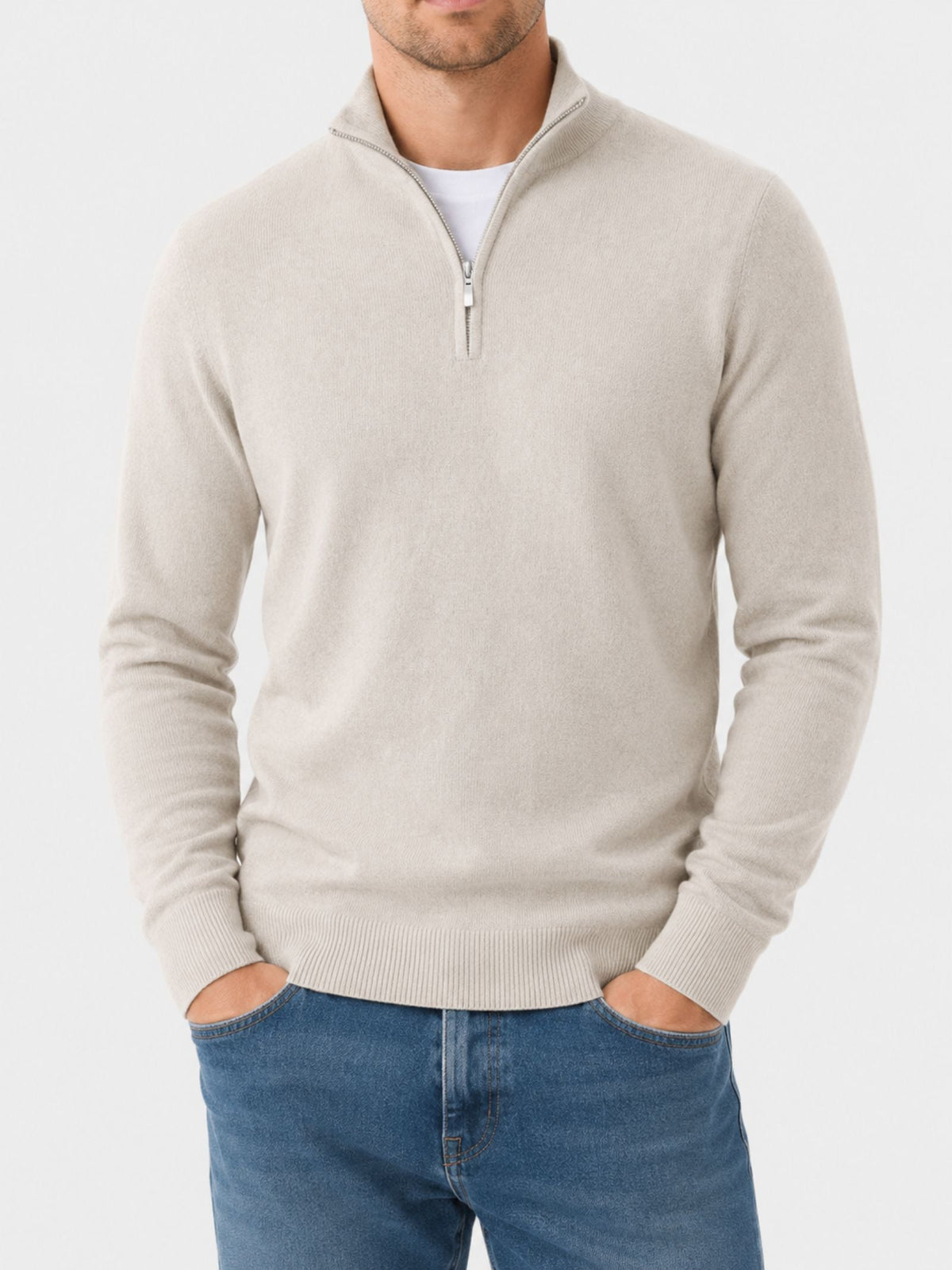 Camisola masculina merino decote em V com fecho de correr