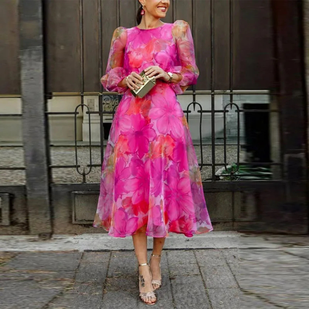 Vestido midi floral feminino para convidada de casamento silhueta fluida