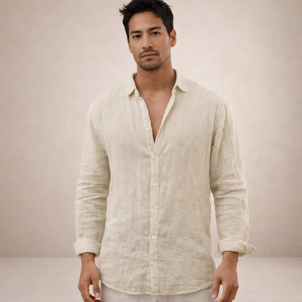 Camisa de linho homem casual manga longa corte direito