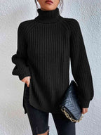 Camisola feminina gola alta canelada com fenda lateral outono inverno