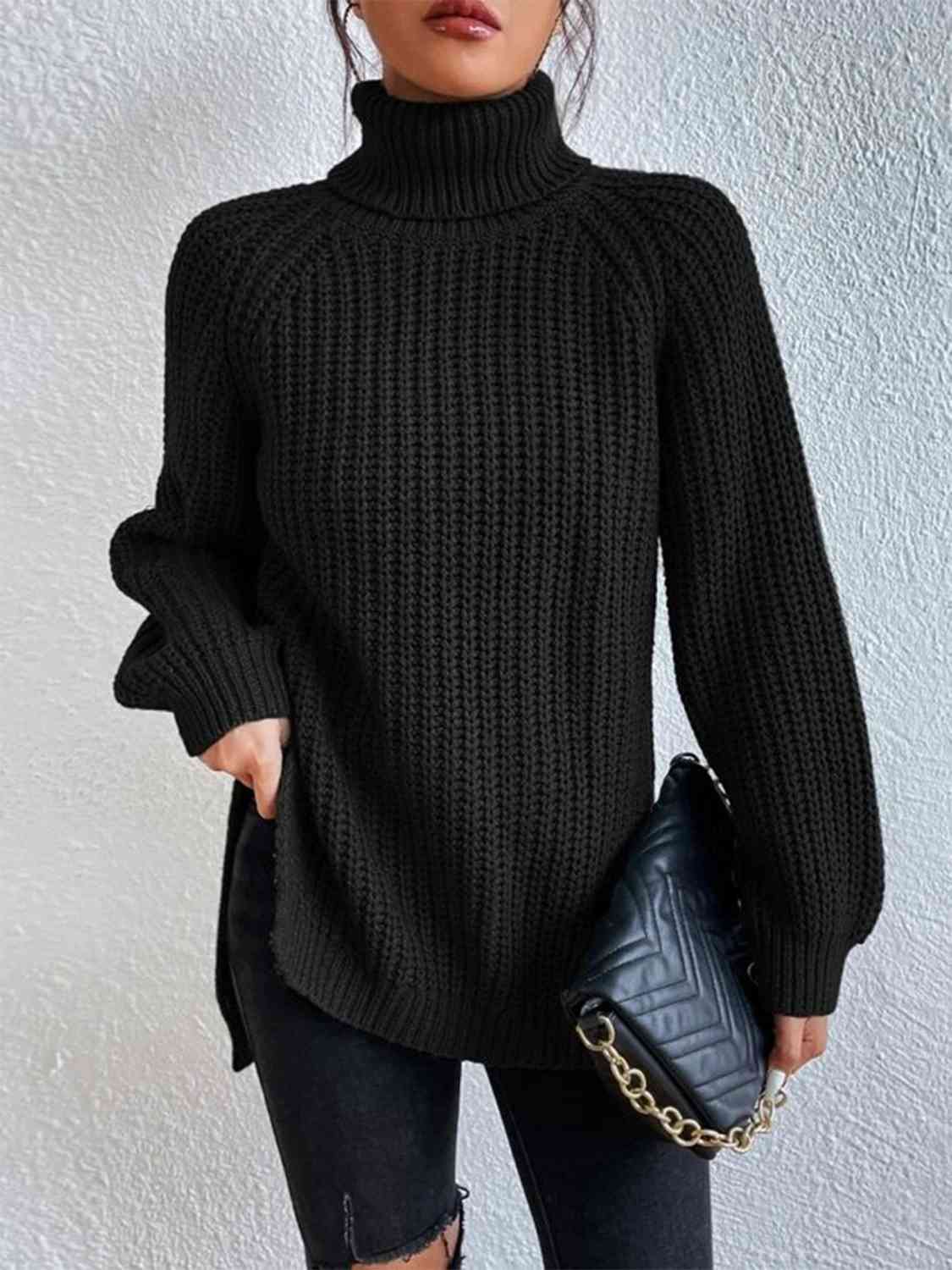 Camisola feminina gola alta canelada com fenda lateral outono inverno