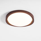 Candeeiro de teto flush efeito madeira nogueira com difusor em tecido e luz tri-cor