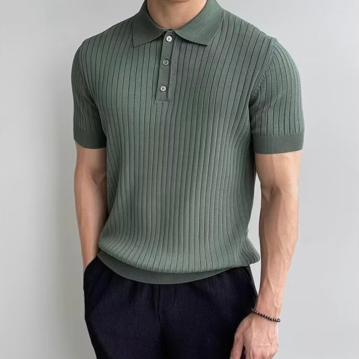 Polo masculina tricot algodão canelada com colarinho e botões manga curta