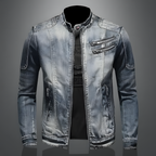Jaqueta jeans masculina retro com lavagem vintage e corte ajustado