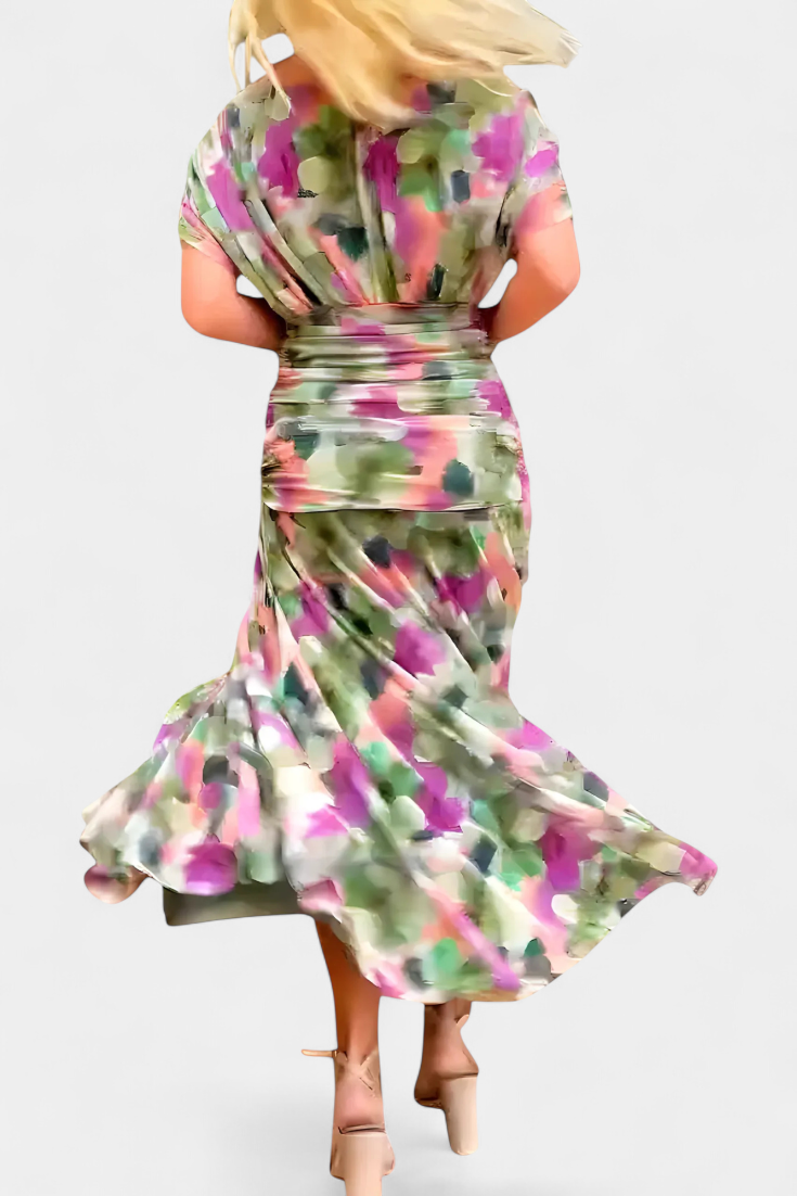 Vestido feminino floral decote V saia longa com cintura franzida