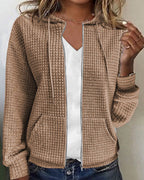Hoodie feminino texturizado com fecho de correr e capuz corte relaxado