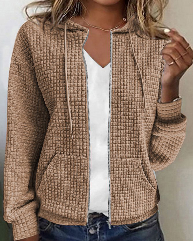 Hoodie feminino texturizado com fecho de correr e capuz corte relaxado
