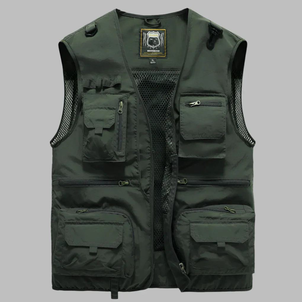 Colete masculino multibolsos impermeável com gola alta e zíper frontal