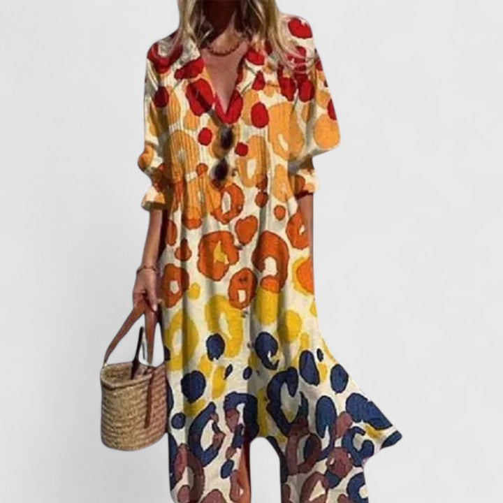 Vestido maxi feminino boho estampado com meia manga em cores vibrantes