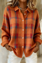 Cardigan feminino tricot xadrez com corte relaxado, estilo retro outono inverno