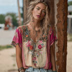 Camiseta feminina decote V boho caimento relaxado casual