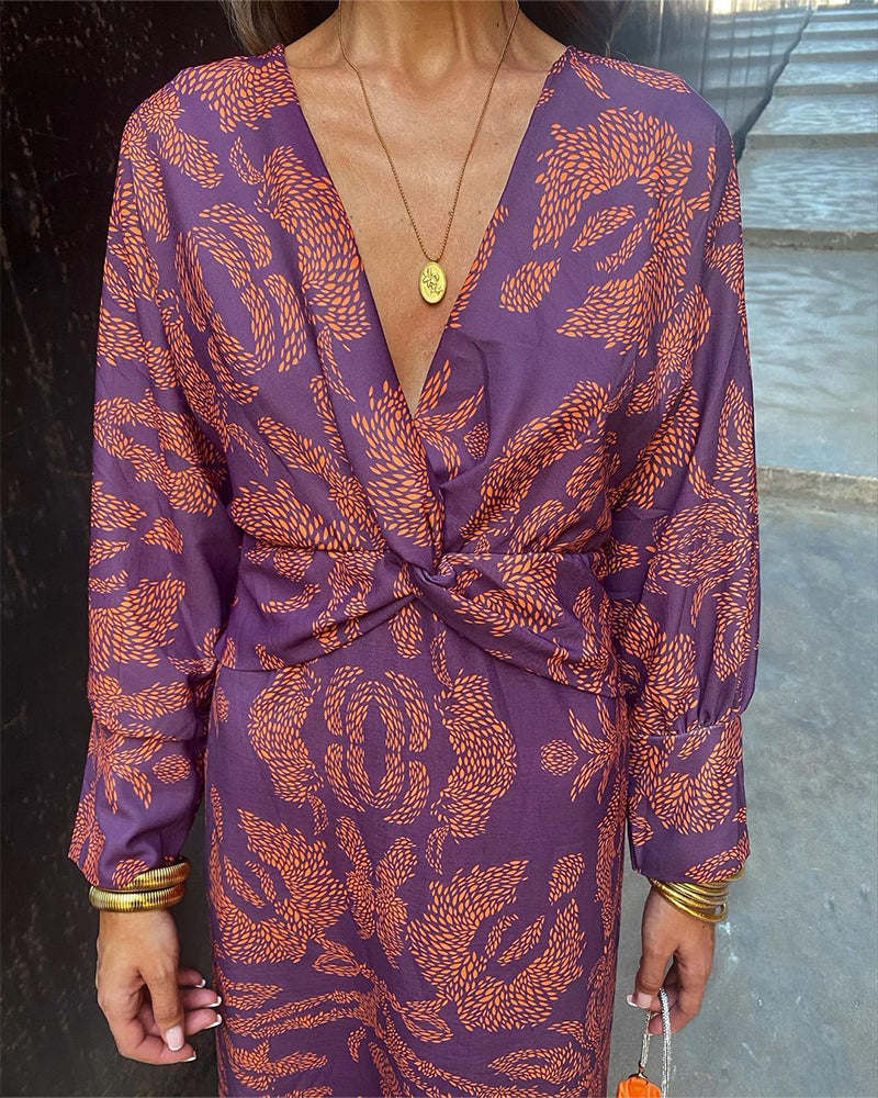 Vestido feminino maxi boho com estampa e decote V nó frontal