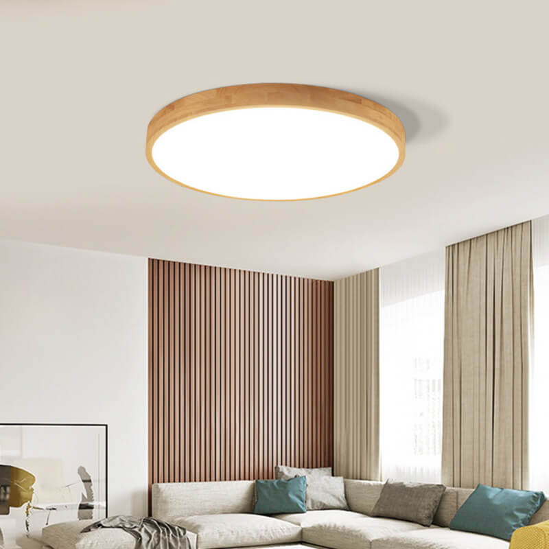 Plafão LED redondo em madeira maciça, estilo nórdico ultra-fino regulável, Ø30 cm