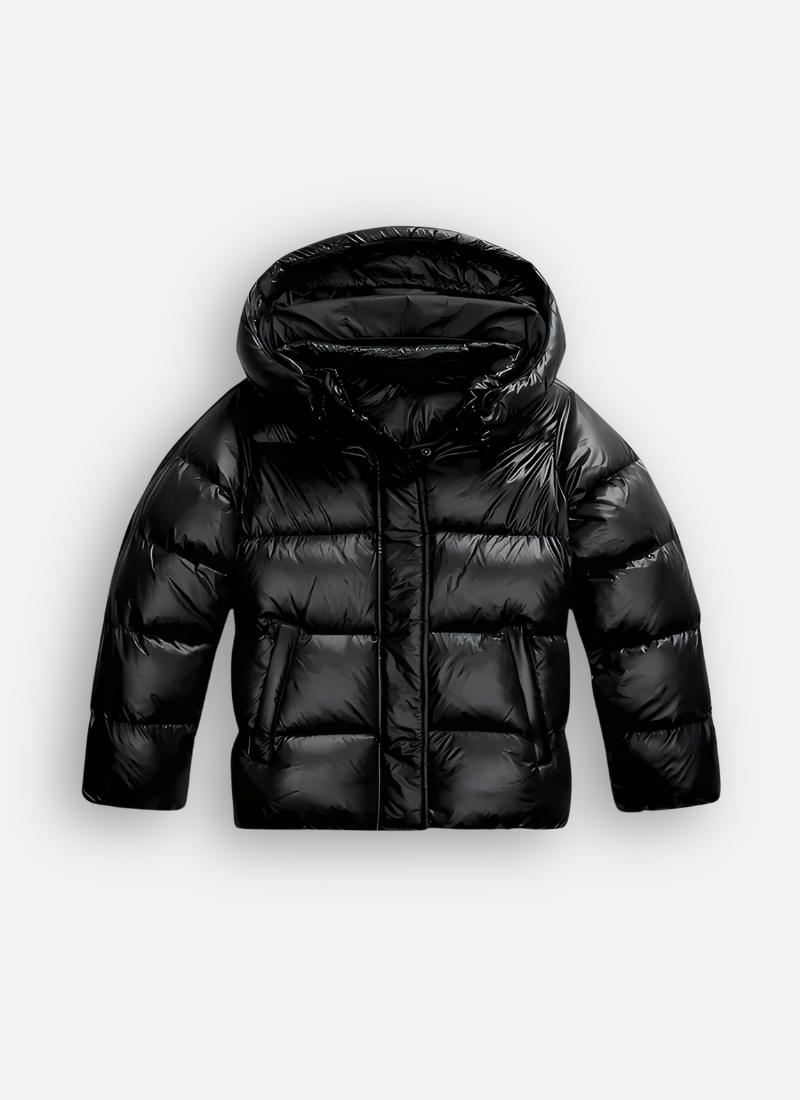 Casaco puffer slim fit feminino de inverno com acabamento brilhante