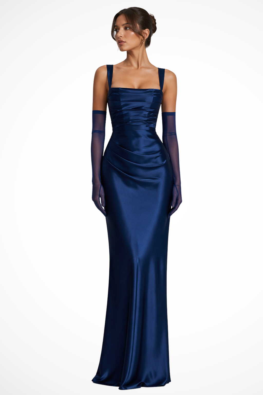 Vestido maxi feminino cetim decote quadrado franzido comprimento até ao chão