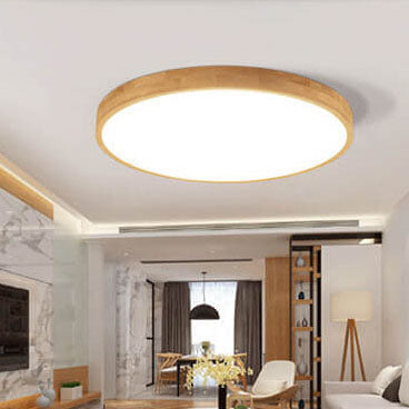 Plafão LED redondo em madeira maciça, estilo nórdico ultra-fino regulável, Ø30 cm