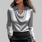 Blusa de cetim feminina com gola xale manga comprida