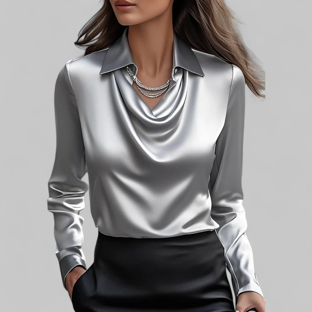 Blusa de cetim feminina com gola xale manga comprida
