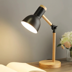 Candeeiro de mesa ajustável em madeira e metal com braço articulado e abajur giratório E27 LED