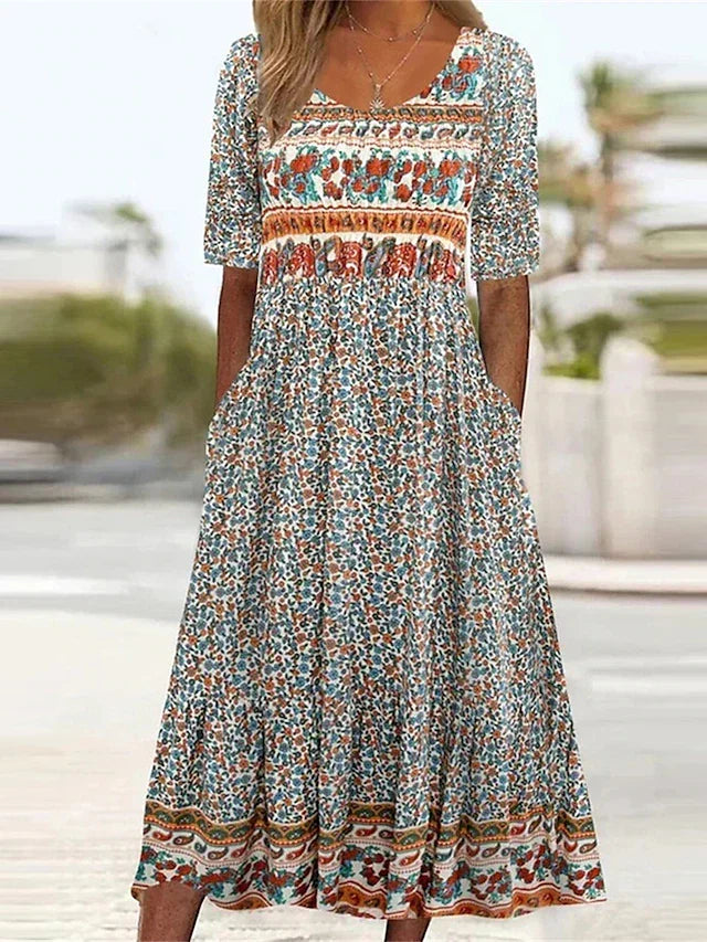Vestido midi feminino estampado boho com decote quadrado e manga curta