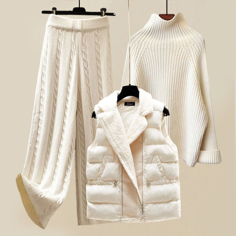 Conjunto inverno 3 peças mulher camisola calças colete acolchoado