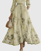 Vestido maxi floral manga longa decote V plissado com laço na cintura feminino
