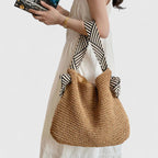 Bolsa de ombro feminina tecida shopper estilo artesanal com alças estampadas