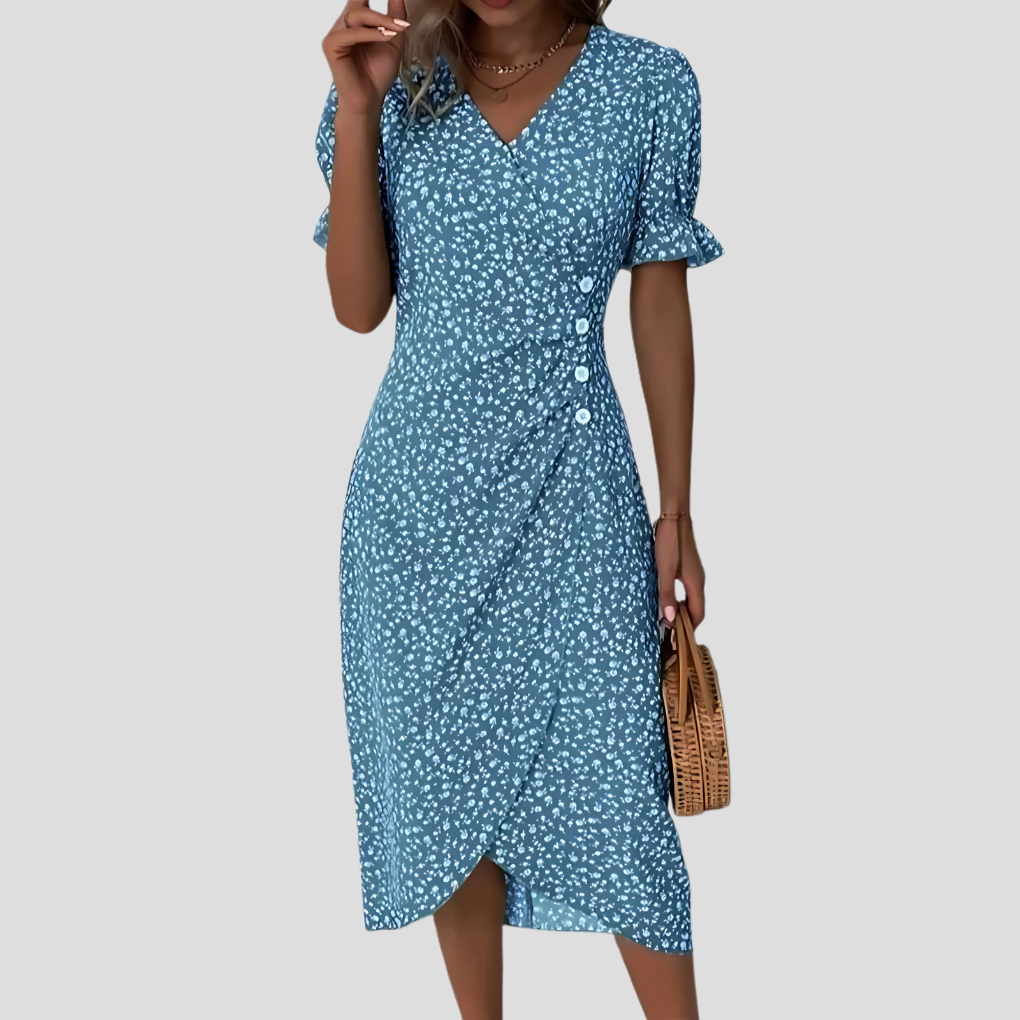 Vestido midi floral feminino com decote V e mangas bufantes linha A