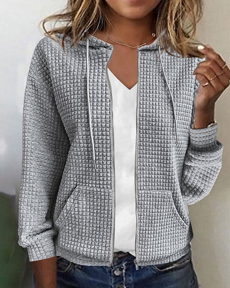 Hoodie feminino texturizado com fecho de correr e capuz corte relaxado