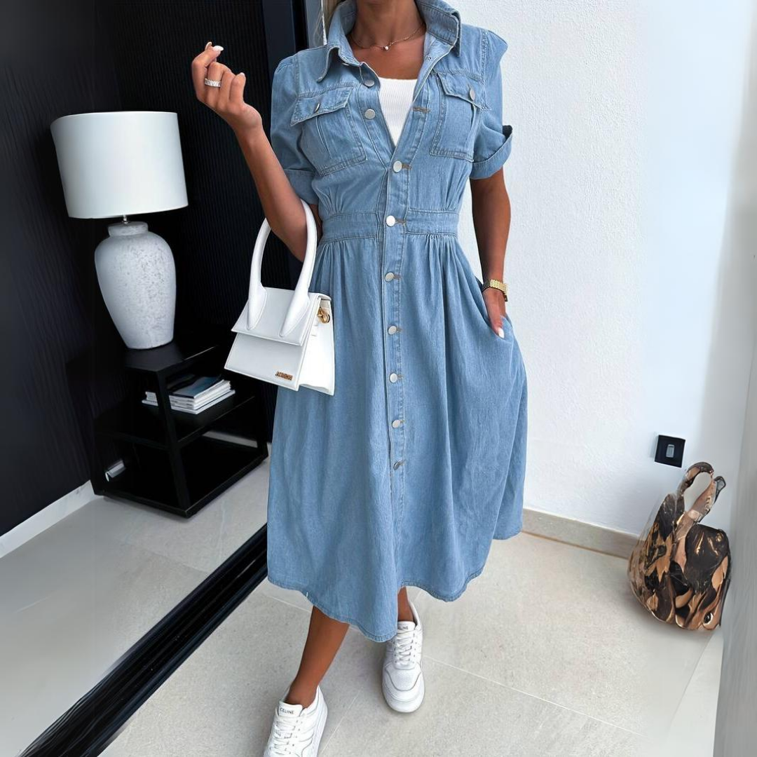 Vestido jeans mulher corte lisonjeiro estilo casual contemporâneo
