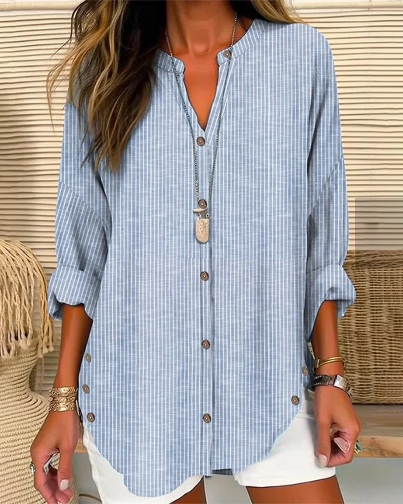 Blusa feminina manga longa listrada decote V com botões corte folgado