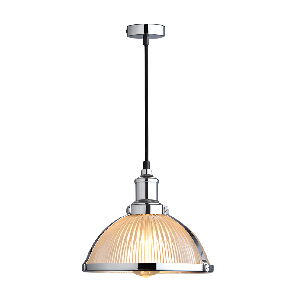 Candeeiro pendente retro com abajur de vidro riscado, 1 luz 40W, acabamento cromo e bronze