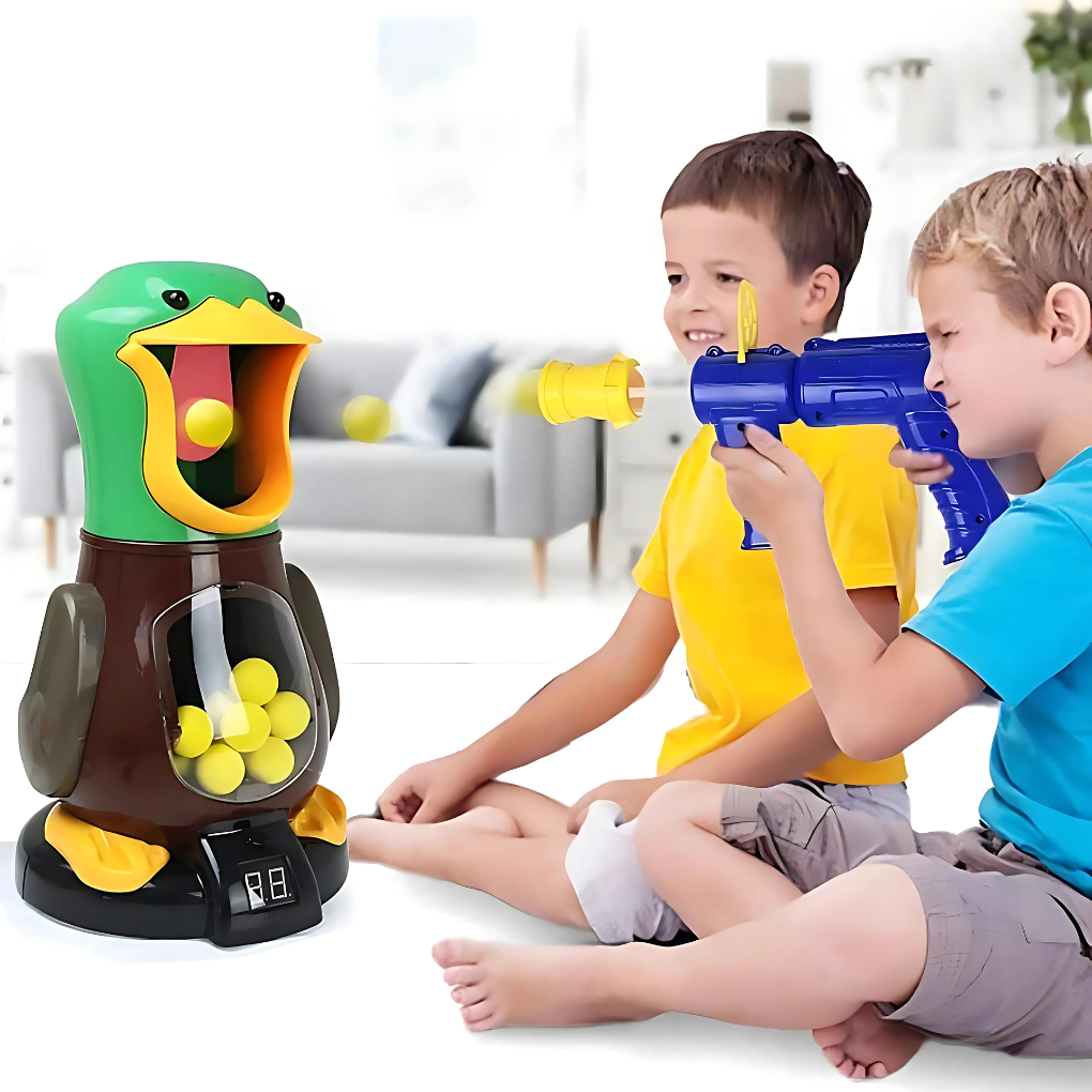 Jogo de tiro com pato andador, pistola de ar e balas macias com luzes e movimento