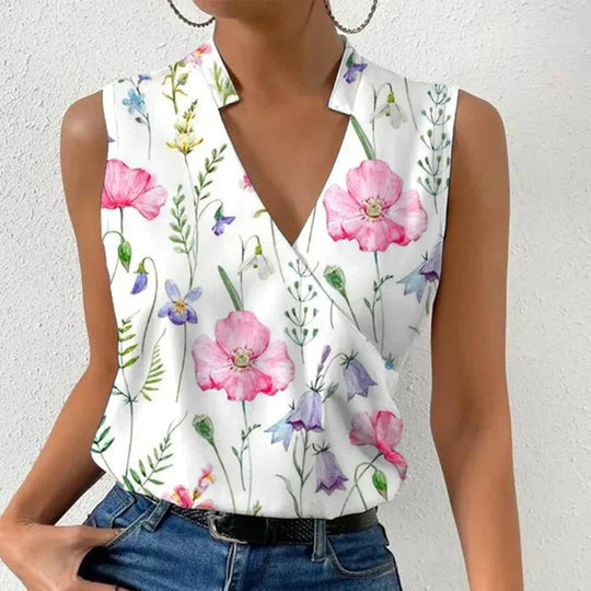 Blusa feminina decote V leve e respirável, sem mangas, estampada floral e cores sólidas