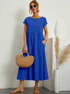 Vestido longo feminino casual com bolsos e mangas curtas