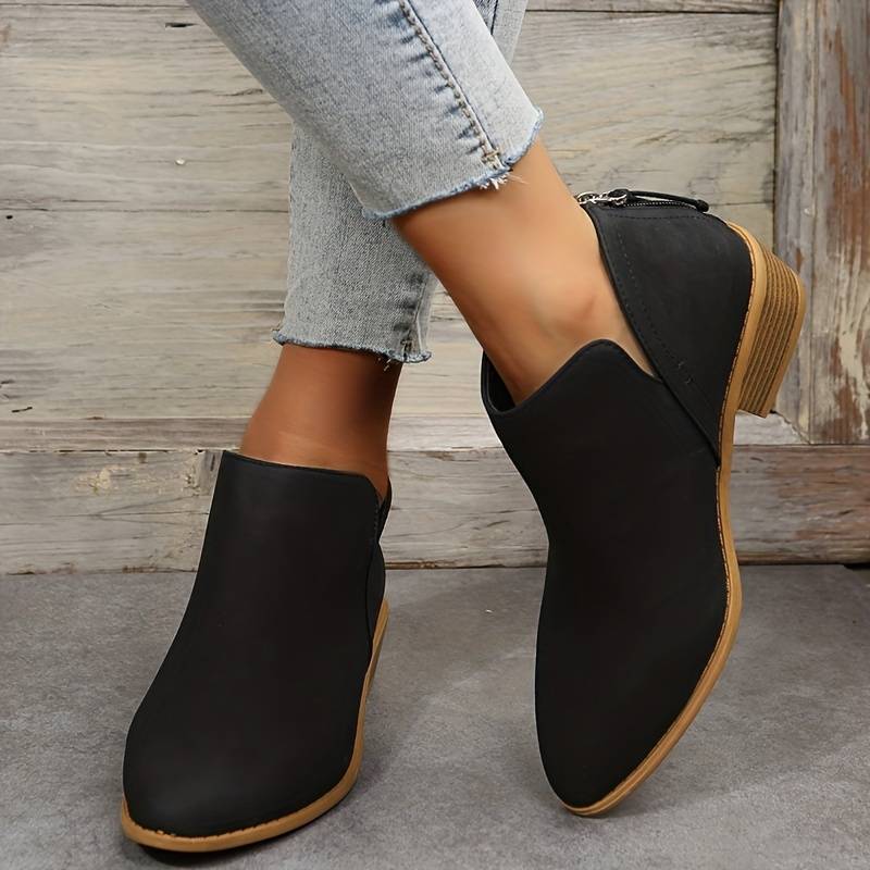 Bota feminina bico fino salto bloco baixo cano curto em várias cores