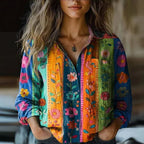 Blusa feminina de algodão manga longa com estampa vintage corte amplo