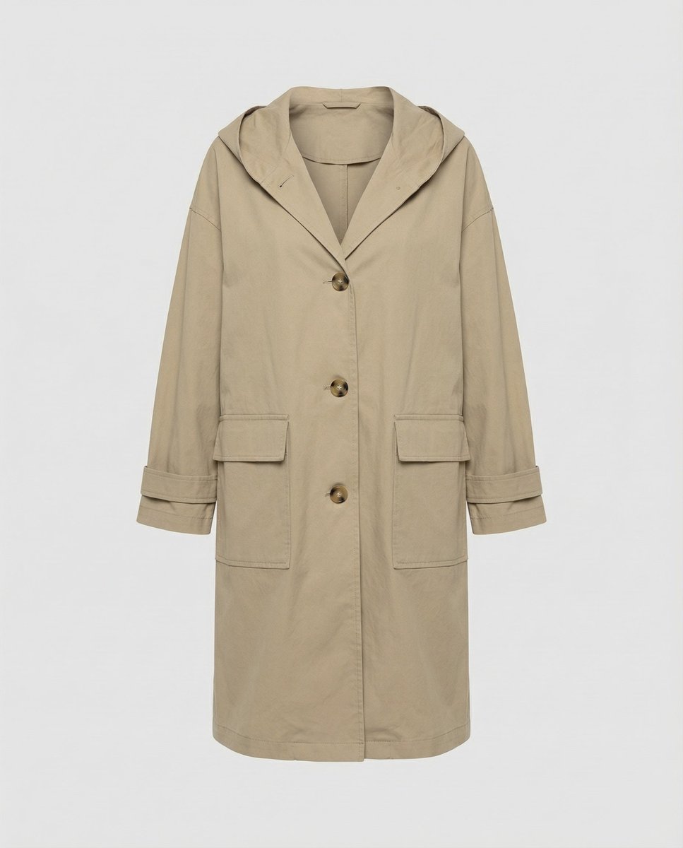 Gabardine impermeável com capuz longa para mulher, corte elegante