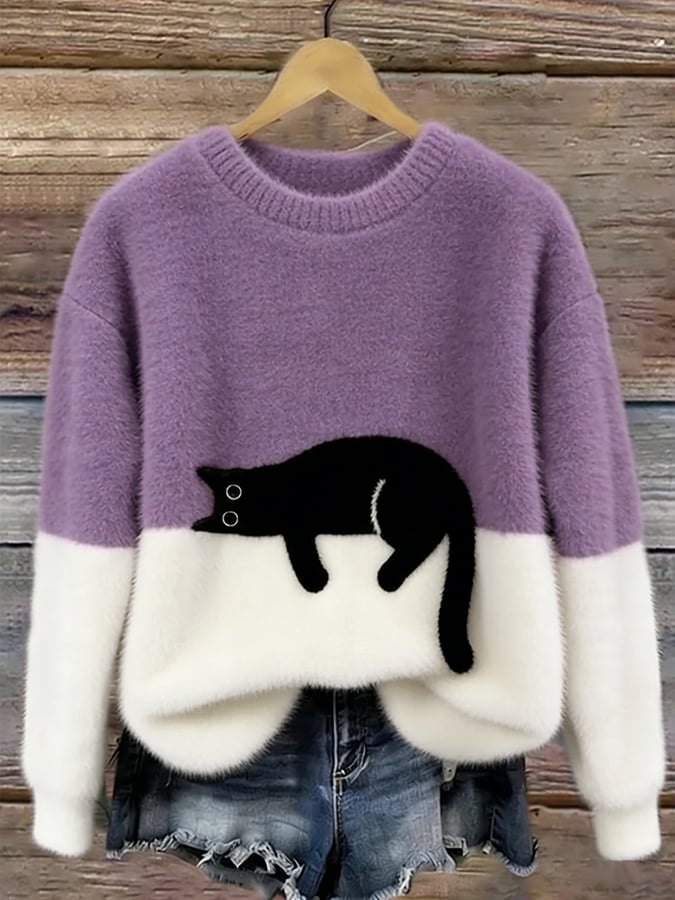 Camisola de malha color block com motivo de gato, corte relaxado verde e branco