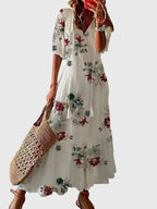 Vestido feminino boho estampado com decote V leve e estampa vintage