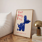Poster em tela sem moldura com tipografia azul e vermelha e cão balão, estilo moderno