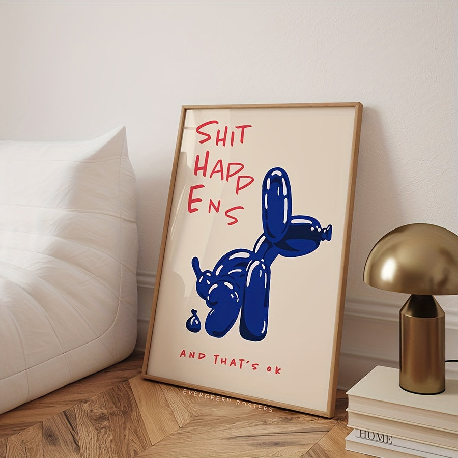 Poster em tela sem moldura com tipografia azul e vermelha e cão balão, estilo moderno