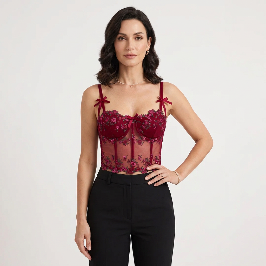 Top corset feminino bordado floral com renda e painéis de tule ajustável