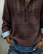 Sweatshirt mulher gola denim meia abertura textura trançada em relevo