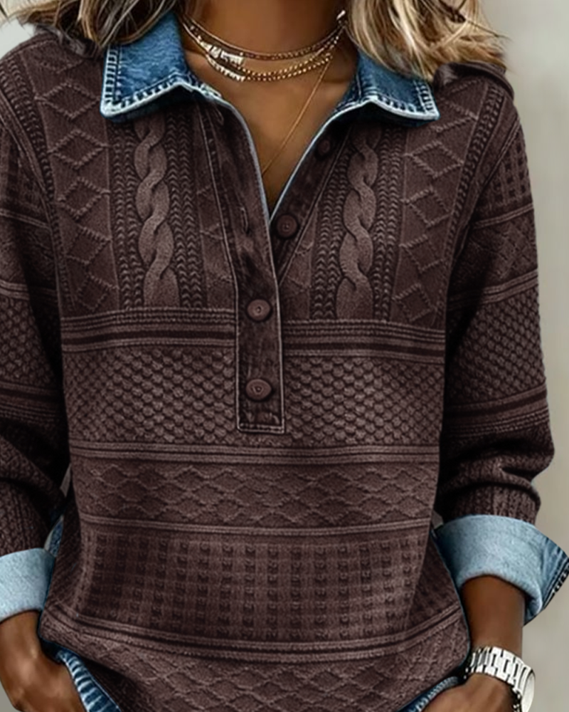 Sweatshirt mulher gola denim meia abertura textura trançada em relevo