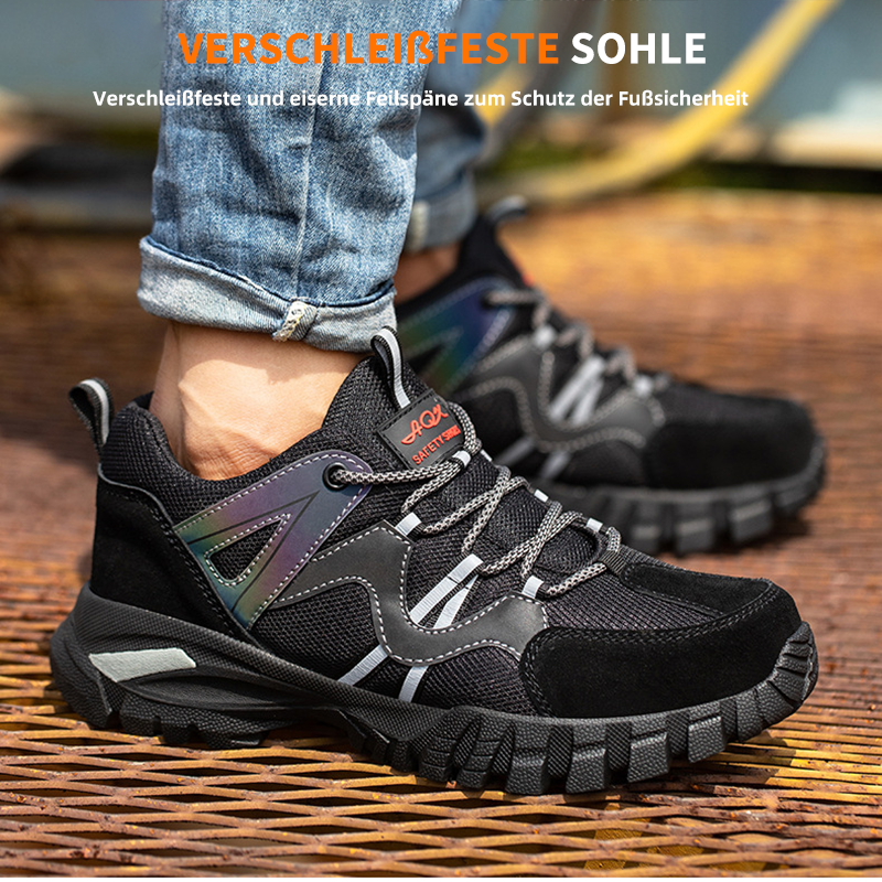 Sapatos de segurança com biqueira de aço, sola antiderrapante e bandas refletivas