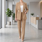 Fato pantalona feminino com blazer double-breasted e corte slim fit, conjunto formal elegante