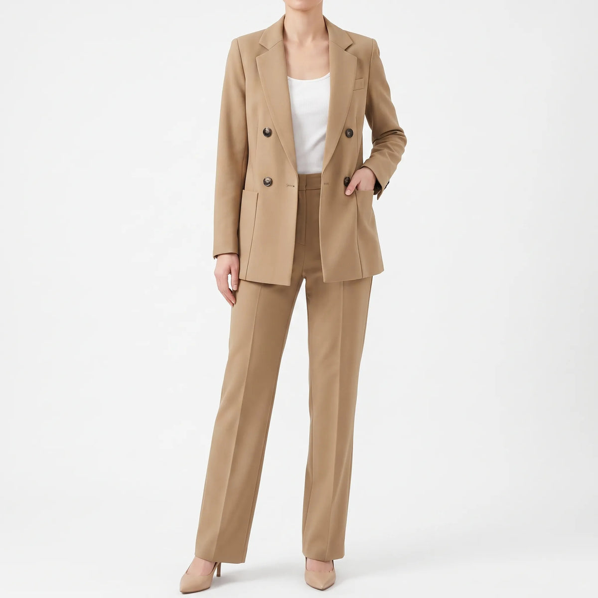 Fato pantalona feminino com blazer double-breasted e corte slim fit, conjunto formal elegante