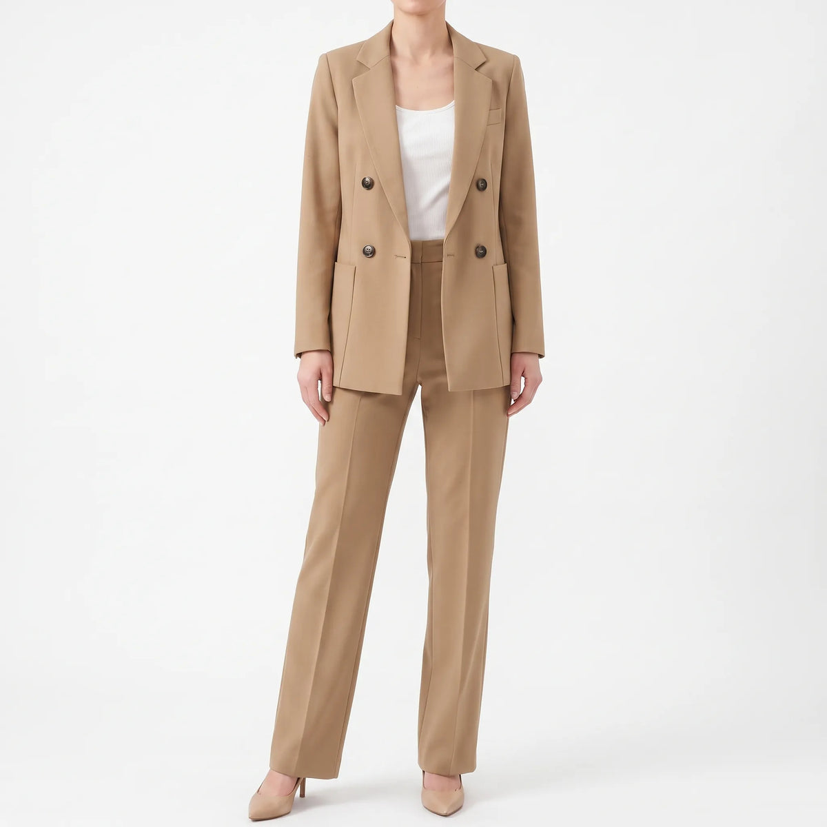 Fato pantalona feminino com blazer double-breasted e corte slim fit, conjunto formal elegante